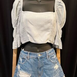 Urban Outfitters Chambray Cropped Blouse with Ruched Puff Sleeves